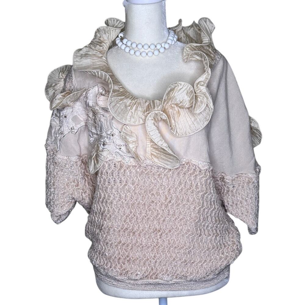 Vintage Light Pink/Ivory Knitted Top Loose Flounce No Size Tag